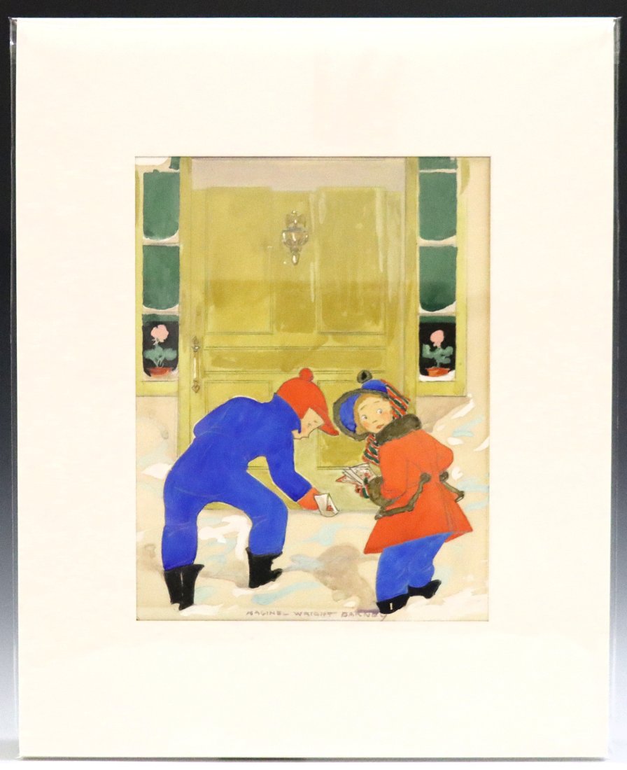 Maginel Wright Barney Illustration: Maginel Wright Enright Barney, American, 1881-1966. Gouache and watercolor illustration depicting children delivering valentines. Signed "Maginel Wright Barney" lower center. Newly matted, toning and 