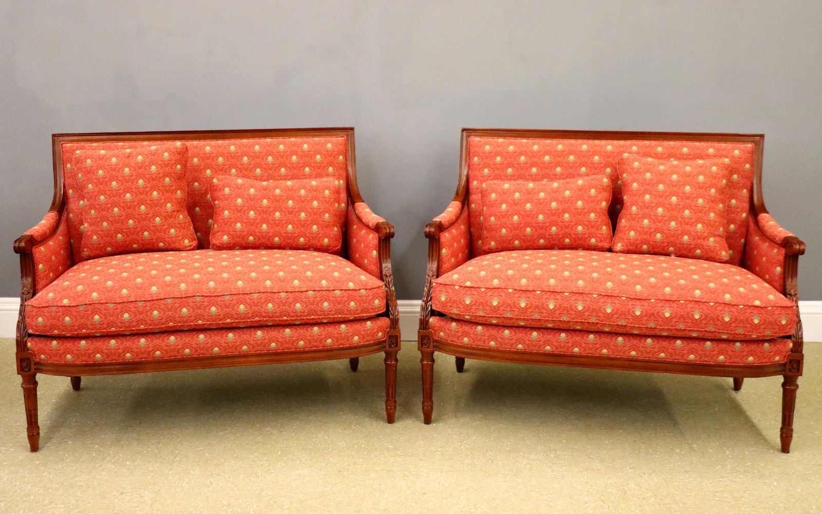 Pr Hancock & Moore Settees: A pair of Hancock & Moore "Bristol" model settees. Square molded backs with shaped arms and carved acanthus leaf detail on turned fluted legs. Original "Antiqued" painted Mahogany tone finish. Very go