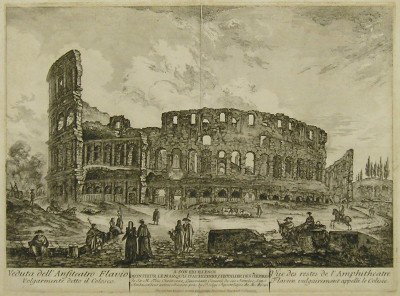 Piranesi etching of the Coliseum: Giovanni Battista Piranesi, Italian 1720-78. Etching of a view of the Roman Coliseum entitled "Veduta dell'Anfiteatro Flavio detto il Colosseo". Early Bouchard et Gravier edition, on two pieces laid p