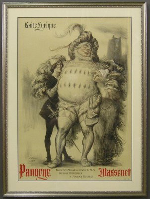 French Theatre Poster: An early 20th century French Theatre poster entitled "Panurge Massener" by Charles Lucien Leandre, French 1862-1930. Color lithograph by J. Minot, Paris ca. 1913. Very good condition. Image 24 1/4 x 3