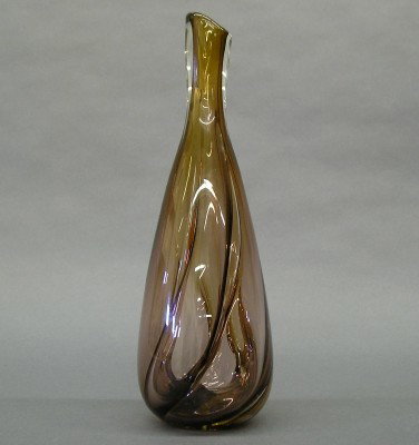 Brian Lonsway vase: Brian Lonsway, Toledo, Ohio Studio artist, 1940-2001. Art glass vase in Pale Burgundy glass with pulled swirl detail. Etched signature "Brian Lonsway, 6/80". Slight wear. 11" high. ESTIMATE $100-150