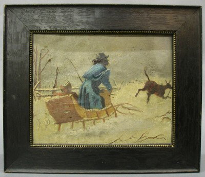 Winter scene: A turn of the century oil on artist's board winter landscape. Comical scene with a man standing next to a woman in a sled as the mule pulling it runs away. Surface grime. In a period Oak frame, 13 1/2