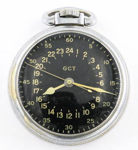 Elgin B W Raymond Military Watch: An Elgin "B. W. Raymond" Model Military watch. 16 size, 21 j, Adj Temp & 5 pos, DMK, Sweep Seconds, SW, PS, Elgin Base Metal, OF, Rear cover engraved "AN-5740...Elgin", Black 24hr dial with Arabic