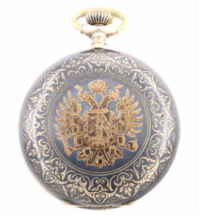 Austro-Hungarian Market Silver Niello Pocket Watch: A Swiss Silver Niello Pocket watch, with Austro-Hungarian Crest on front cover with Race Horses and Jockey on rear. 51 mm, 16 j, Bridge mvt, SW, LS, Engraved maker's marks on cuvette, Porcelain SSD