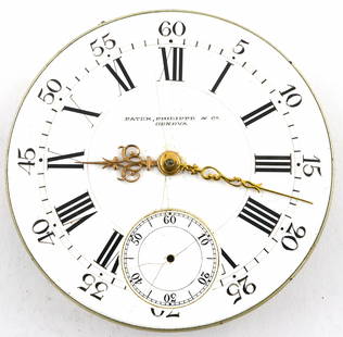 Patek Philippe Pocket Watch Movement With Dial: A Patek Philippe pocket watch movement with dial. 39 mm porcelain DSD with Roman numerals marked "Patek, Philippe & Co., Geneva" with fancy Gold hands, Fully jeweled Bridge movement serial #68414