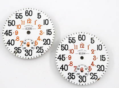 2 Elgin Ferguson Pocket Watch Dials: Two Ferguson pocket watch dials for 18 size Elgin watches. Porcelain dials with Black Arabic outer numerals and Red inner marked "Ferguson Dial, Patented, For ELGIN Watch". Stamped patent dates on