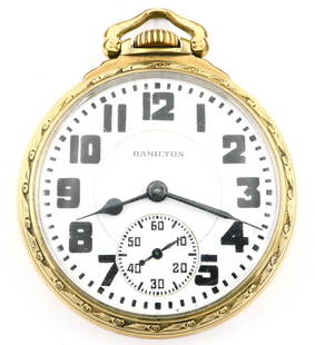 Hamilton 950B Railroad Watch: A Hamilton 950B Model Railroad watch. 16 size, 23 j, Adj Temp & 6 pos, DR, DMK, SW, LS, Hamilton GF, OF, Porcelain DSD with Arabic numerals marked "Hamilton". Serial #S22357. Minor wear, winds,