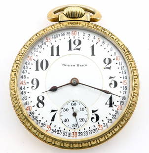 South Bend The Studebaker Railroad Watch: A South Bend "The Studebaker" No. 229 Model Railroad watch. 16 size, 21 j, Adj Temp & 5 pos, DR, DMK, GJS, SW, LS, Keystone GF, OF, "Montgomery" Porcelain DSD with Arabic numerals marked "South