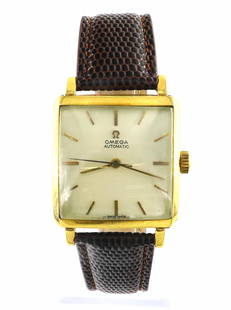 18k Omega Wristwatch: An 18k Gold Omega gentleman's wristwatch. 19j, 471 calibre, automatic wind movement with White dial, sweep seconds and baton markers markers, marked "Omega, Automatic". 28 mm Square 18k Gold case