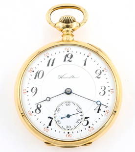 14k Gold Hamilton 992 Railroad Watch: A 14k Gold Hamilton Model 992 Railroad watch. 16 size, 21 j, Adj Temp & 5 pos, DR, DMK, GJS, SW, LS, 14k Gold AWC Co. OF, Porcelain DSD with Arabic numerals marked "Hamilton". Serial #721873.