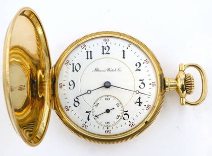 14k Gold Illinois Pocket Watch: A 14k Gold Illinois Model 4 Pocket watch. 16 size, 17 j, Adj Temp & 3 pos, DMK, SW, LS, Engine turned 14k Gold Dueber HC, Porcelain DSD with Arabic numerals marked "Illinois Watch Co.". Serial