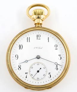 14k Gold Hamilton Private Label Watch: A 14k Gold Hamilton Private Label Pocket watch, made for F. C. Park, Ravenna, O. 16 size, 17 j, Adj, DMK, SW, LS, 14k Gold AWC Co. OF, Porcelain SSD with Arabic numerals marked "Hamilton.". Serial