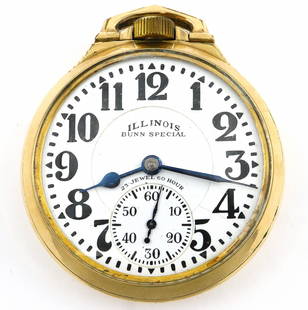 Illinois Bunn Special 163A Railroad Watch: An Illinois "Bunn Special" 163A Model 60 hr Railroad watch with Elinvar hairspring. 16 size, 23 j, Adj Temp & 6 pos, DR, DMK, GJS, SW, LS, Star Watch Case Co. GF, OF, Porcelain DSD with Arabic