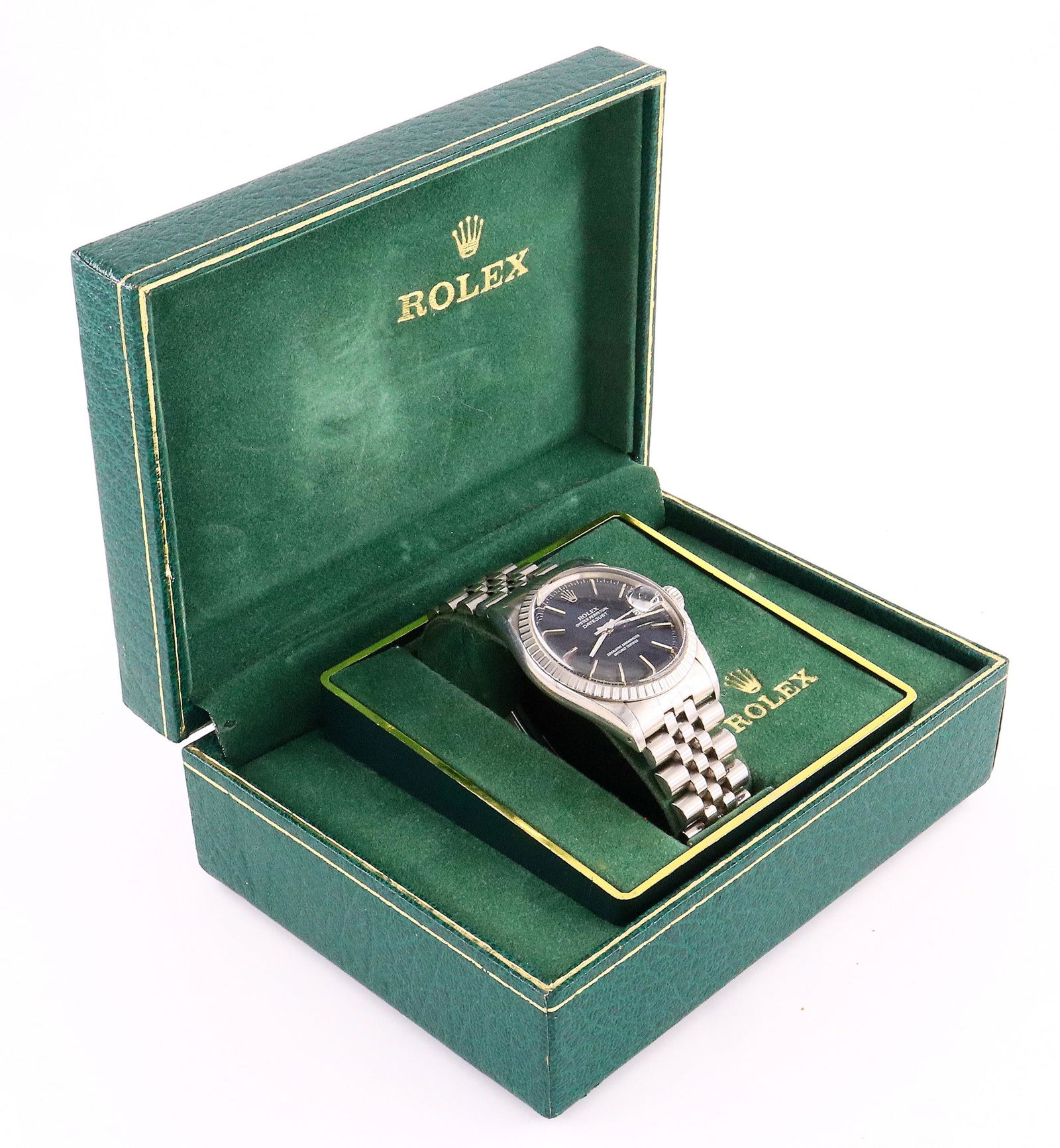 Rolex Oyster Perpetual Wristwatch: A 1980's vintage Rolex Oyster Perpetual Datejust gentleman's wristwatch. Automatic wind movement with a Black dial, Baton markers, date aperture and sweep seconds, marked "Rolex, Oyster Perpetual Date