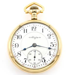 Elgin Veritas Railroad Watch: An Elgin "Veritas" Model Railroad watch. 18 size, 23 j, Adj 6 pos, DR, DMK, GJS, SW, LS, Recased engraved GF, OF, Porcelain DSD with Arabic numerals marked "Elgin". Serial #9595903. Minor wear,