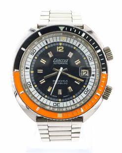 Exactus Squale Dive Watch: A 1960-70's Vintage Exactus Squale model dive watch. 25j, automatic wind movement with dual crowns (one moves the internal bezel), Black dial with sweep seconds, Arabic numerals, applied markers and