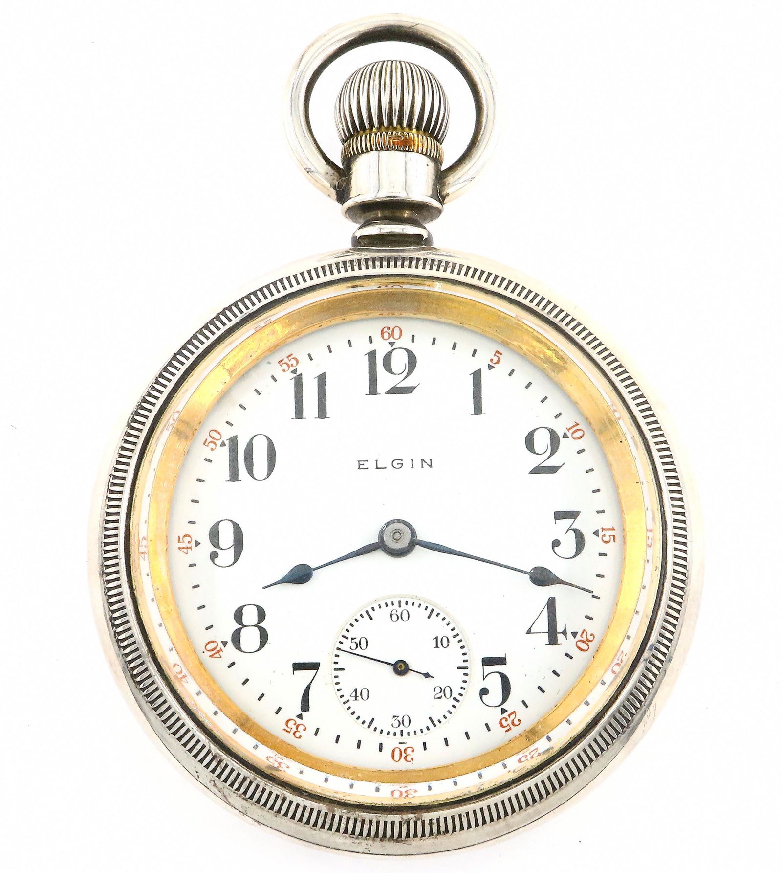 Elgin 317 Pocket Watch: An Elgin No. 317 Pocket watch. 18 size, 15 j, DMK, SW, PS, Illinois/Elgin Nickel, OF, Porcelain SSD with Arabic numerals. Serial #15851332. Very slight wear, winds, sets and running when cataloged. ES