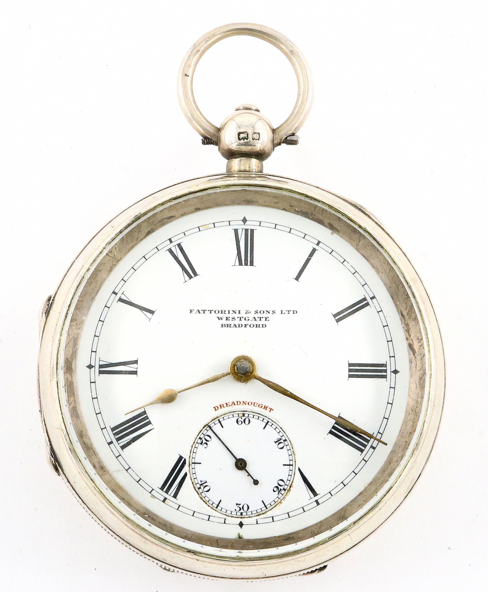 AWW Co. Sterling Silver Pocket Watch: An AWW Co. "Am Watch Co" with English dial and case. 18 size, 7 j, KW, KS, engraved Sterling Silver, OF, Porcelain SSD with Arabic numerals marked "Fattorini & Sons LTD, Westgate Bradford, Dreadnought