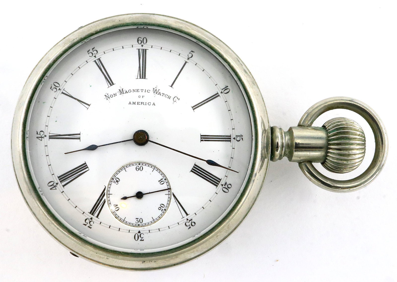 Non-Magnetic Watch Co. Pocket Watch: A Non-Magnetic Watch Co. Pocket watch. Swiss movement marked "Paillard's Pat, Balance & Spring" 16 size, 16 j, Adj, DMK, SW, LS, "Silver" display back, OF, Porcelain SSD with Roman numerals marked "No