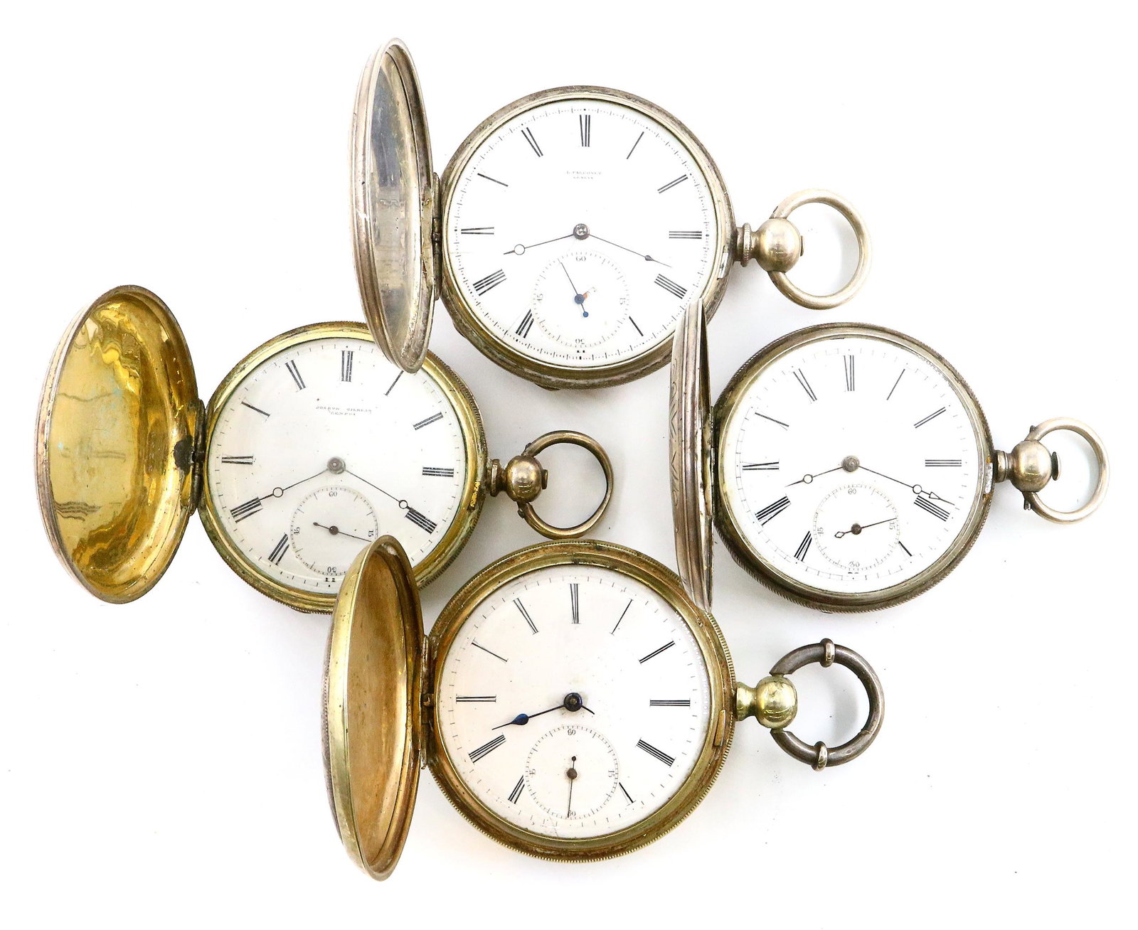 4 Swiss Pocket Watches: Four Swiss pocket watches in "Silver" hunting cases, various makers. Approx. 50 mm, Bridge movements with lever escapements, KW, KS, HC, porcelain SSD's with Roman numerals. Case wear, some denting, s
