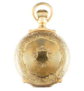 14k Gold Elgin B. W. Raymond Pocket Watch: A 14k Gold Elgin "B. W. Raymond" Model pocket watch. 18 size, 15 j, Railroad Grade, Adj Temp & pos, DMK, GJS, SW, PS, Fancy engraved 14k Gold Hunting case with box hinges, engraved presentation on