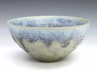 Natzler Lava Glaze Bowl: A mid 20th century Art Pottery bowl by Gertrud and Otto Natzler. Wheel thrown earthenware bowl with Natzler's distinctive lava glaze in shades of Blue. Signed "G+O Natzler" at underside. Minor wear, s