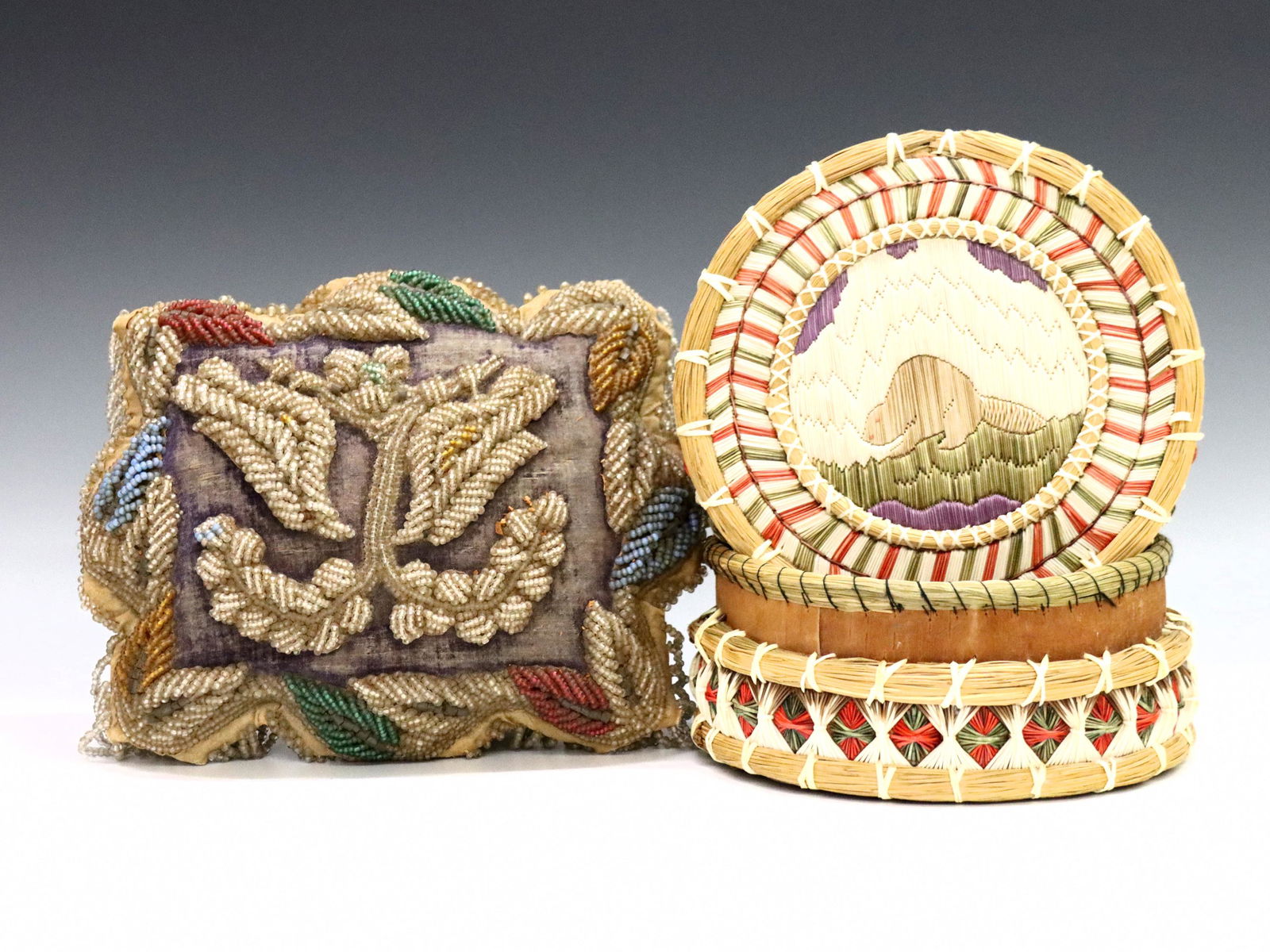 Ojibwe Quill Basket & Beaded Whimsey Pillow (1 of 1)