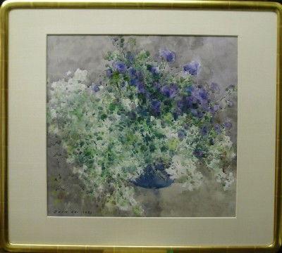 Chen Chi still life: Chen Chi, Chinese/American 1912-2005. Exhibited: Metropolitan Museum of Art, Corcoran Gallery, Whitney Museum, L A County Museum of Art and many others. Watercolor on paper floral still life with spri