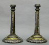 Pr of Victorian wood candlesticks: A pair of 19th century Victorian candlesticks with Gilded and mother-of-pearl decoration. Ebonized wooden construction with tapered stems and turned bases. Wear, some losses to decoration. Each 12" hi
