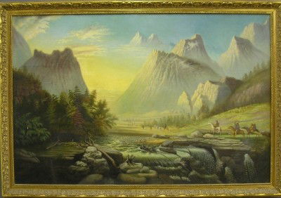 Ben Conley landscape: Ben Conley, 1875, n.d. Oil on canvas landscape with native Americans traveling on horseback through a valley along a rushing river with large mountains in the distance. Signed and dated bottom center.