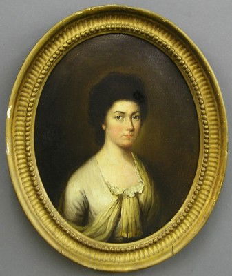 Portrait of a woman: An 18th century British School portrait of a woman in a Pale Grey dress. Lined, overall craquelure, filled repair. In an oval giltwood frame, 12 1/2 x 15" high. ESTIMATE $200-300