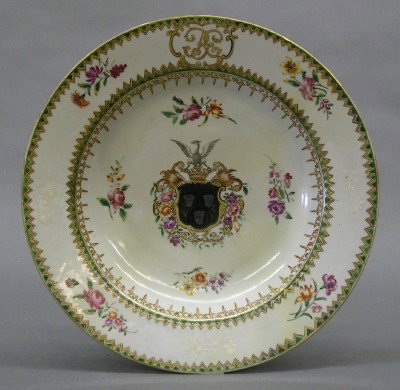 Chinese Export soup bowl: Chinese Export soup bowl with hand painted Armorial decoration with Monogram and gilded detail. Older restoration, minor wear. 9" diameter. ESTIMATE $400-600 Ex. Thomas Morrow Collection, purchased fr