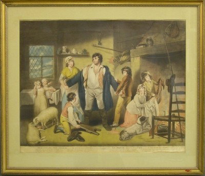 Pr engravings: After William Redmore Biggs, British, 1755-1828. Two late 18th century colored engravings entitled "The Story of Night" and "Morning after the Storm". Both with some toning, edge creases and fading. E