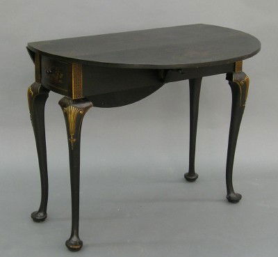 Chinoisorie side table: A 1920's Period Queen Anne style drop leaf side table with original Chinoisorie decoration. Oval top with end drawer on cabriole legs with shell carved knees and pad feet. Some surface wear, crazing.