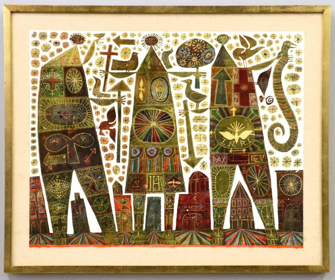 Rex Clawson Mixed Media Painting: Rex Clawson, American, 1929-2007. Acrylic/Mixed media on paper, titled "Byzantine Snow Storm". Signed and dated lower right "Rex Clawson, 1956". Slight paint loss and flaking, some rippling to the pap