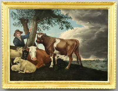 After P. Potter The Young Bull: After Paulus Potter, Dutch, 1625-1654. A 19th century oil on canvas reproduction of Potter's "The Young Bull" (1647). Depicts an older farmer leaning against a tree with a bull and other livestock whi