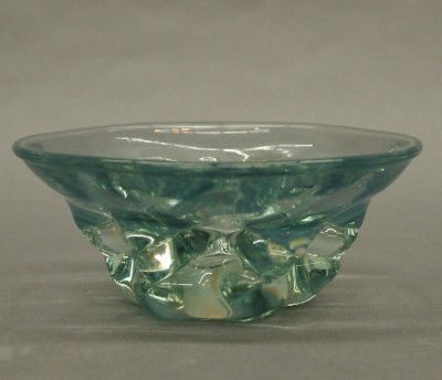 Labino Art Glass bowl: A mid 20th century Labino Art Glass bowl. Aqua Blue glass with pinched foot. Etched signature, dated 1966. Only slight wear. 6" diameter. ESTIMATE $400-600