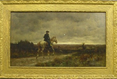 A Wordsworth Thompson oil: Alfred Wordsworth Thompson. American, 1840-1896. Oil on canvas landscape with Paul Revere riding on horseback toward a small New England town just before dawn. Signed "Wordsworth Thompson, '94" lower 