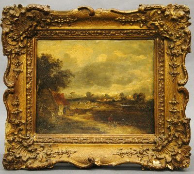 British landscape: A late 19th century British School landscape on Artist's board. Depicts a thatched cottage along a country lane with pasture and a town view in the distance. Craquelure, some surface grime. In a gilde