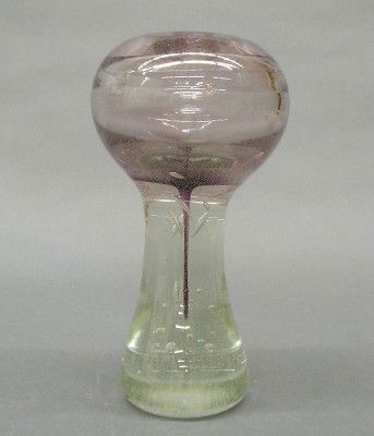 Leon Applebaum vase: Leon Applebaum, born Toledo, Ohio 1945, an Art Glass Paperweight vase. Lavender top on a Clear base with air bubble detail. Etched signature "Leon Applebaum". Slight wear. 7 1/2" high. ESTIMATE $100-2