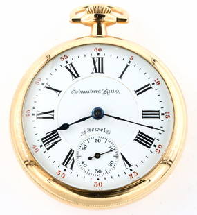 Columbus King Pocket Watch: A Columbus "King" Model pocket watch. 18 size, 21 j, Adj 5 pos, DMK, GJS, SW, LS, Engraved Keystone GF, OF, Porcelain DSD with Roman numerals marked "Columbus King, 21 Jewels", serial #505180. 