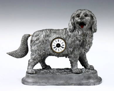 Mayer Animated Novelty Clock: A late 19th century German Animated novelty clock by K. Mayer & Sohne. 30-hr key wind time only movement with porcelain dial and Roman numerals, stamped "Mayer" verso. Cast Iron standing Dog figure