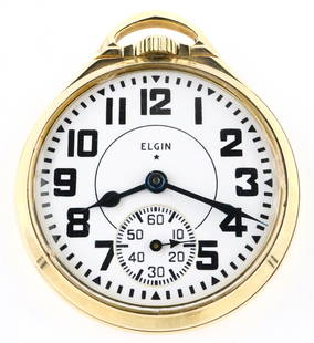 Elgin B W Raymond Railroad Watch: An Elgin "B. W. Raymond" Model Railroad watch with Gold flashed movement. 16 size, 21 j, Adj Temp & 5 pos, DMK, SW, LS, Keystone "Elgin National" GF, OF, Porcelain DSD with bold Arabic numerals