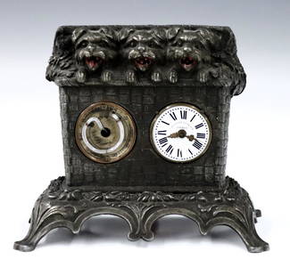 Mayer Animated Novelty Clock: A late 19th century German Animated novelty clock by K. Mayer & Sohne. 30-hr key wind time only movement with porcelain dial and Roman numerals, stamped "Mayer" verso, and subsidiary thermometer. 