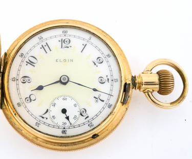 Elgin B W Raymond Fancy Dial Pocket Watch: An Elgin "B. W. Raymond" Fancy Dial pocket watch. 18 size, 17 j, Railroad Grade, Adj, DMK, SW, LS, Engraved Keystone GF, HC, Porcelain SSD with Arabic numerals marked "Elgin", serial #7660977. Minor w