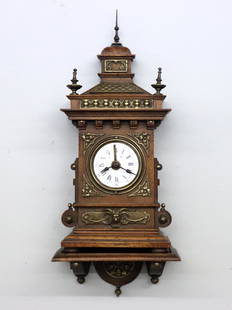 Lenzkirch Mini Bracket Clock: A late 19th century Lenzkirch Nr. 128 Miniature Bracket clock with original bracket. 30-hr time and alarm movement, porcelain dial with Roman hours and Arabic minutes. Walnut case and bracket with