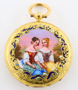 E. Raffin 14k Gold Enameled Ladies Watch: A 14k Gold ladies watch by E. Raffin, Geneve, with enameled rear cover depicting two women in a garden. 37mm OF case with a Swiss KW, KS, bridge movement, embossed Gold dial with Roman numerals