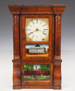 E O Goodwin Mini Double Decker Shelf Clock: A late 19th century E. O. Goodwin mini double decker shelf clock by Brewster & Ingraham. 8-day time and strike movement with painted metal dial and Roman numerals. Figured Mahogany case with molded co