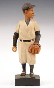 German Whistler Figure: A 20th century German clockwork "Whistler" automaton baseball player. Spring driven movement turns the head and whistles "Take Me Out To The Ballgame" when activated. Hand carved wooden