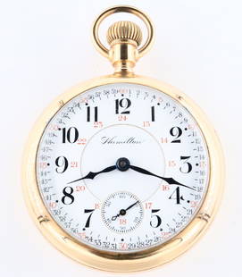 Hamilton 946 Pocket Watch: A Hamilton 946 Pocket watch. 18 size, 23 j, Adj Temp & 5 pos, DMK, GJS, SW, LS, South Bend GF, OF, engraved Eagle and Shield on back cover, Porcelain "Montgomery" 24-hour DSD with Arabic numerals